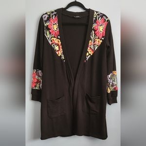 Milan Kiss long black/floral knot cardigan. Size small gently worn women's